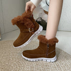 New Snow Boots Winter Warm Thickened Solid Color Plush Ankle Boots With Buckle Design Plus Velvet Flat Shoes For Women Pi-Mart