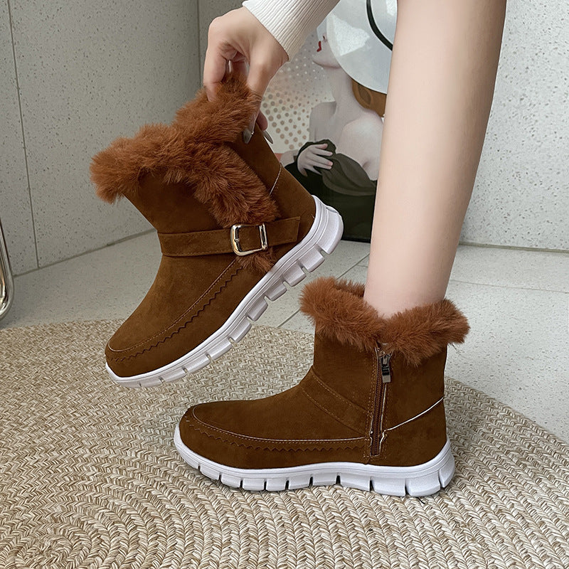 New Snow Boots Winter Warm Thickened Solid Color Plush Ankle Boots With Buckle Design Plus Velvet Flat Shoes For Women Pi-Mart