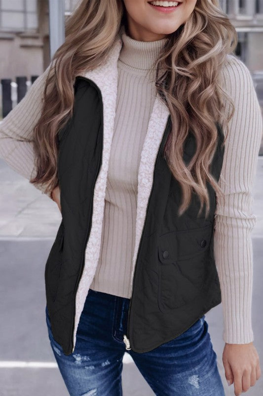 Solid Fleece Lined Quilted Vest Coat THRIXINE