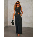 KADUWAKI Slim Denim Waistcoat Jeans 2pc Women Elegant Single Breasted O Neck Vest Wide Leg Pants Spring Lady High Street Outfits Purplish Diva
