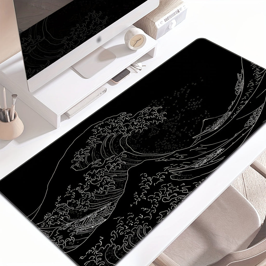 1pc Black And White Japanese Waves Sea Mouse Pad Abstract Large Gaming Mouse Pad 35.4x15.7 Inch Non-Slip Rubber Base Mousepad Stitched Edges Keyboard Desk Pad For Office Home E-sport