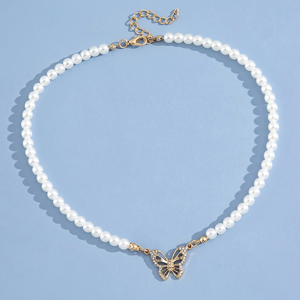 Rhinestone Butterfly Pendant Pearl Necklace Pi-Mart