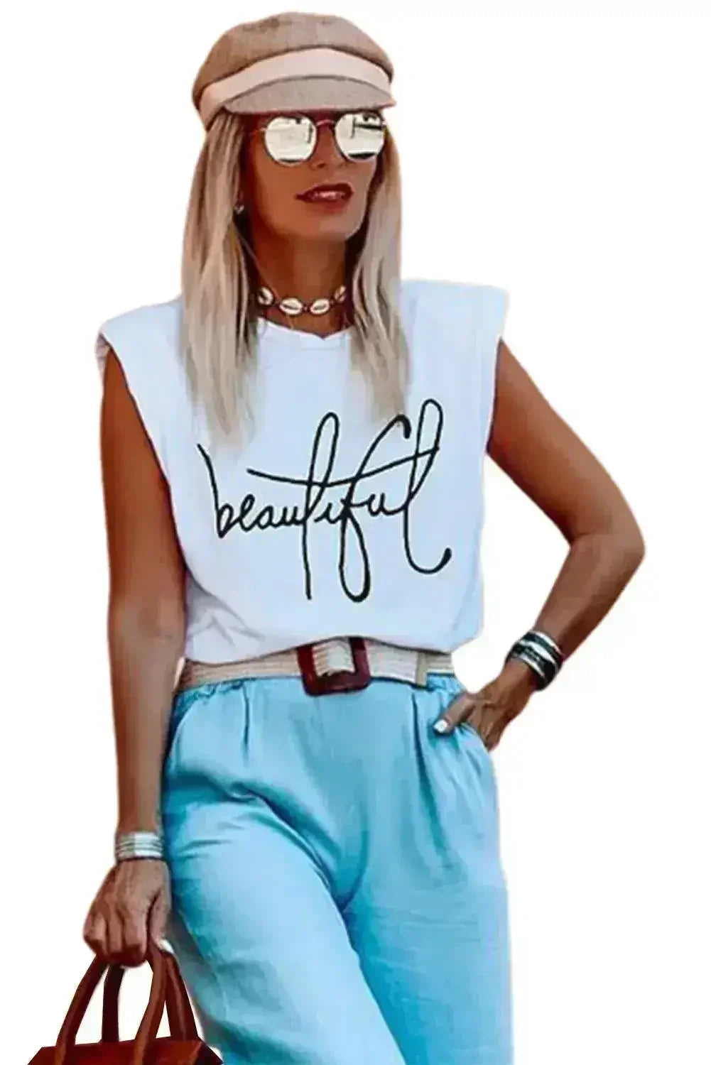 Padded Shoulder Letter Print Tank Top - SJB-DIAMOND ELITES