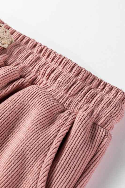 Solid Corduroy Lace Hoodie and Pants Set THRIXINE