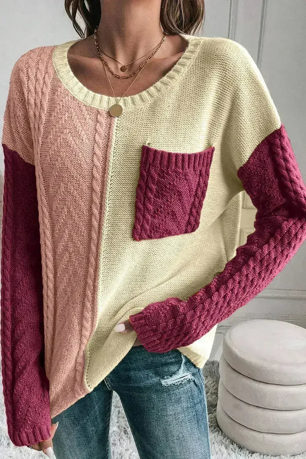 Double Take Full Size Color Block Drop Shoulder Sweater - SJB-DIAMOND ELITES