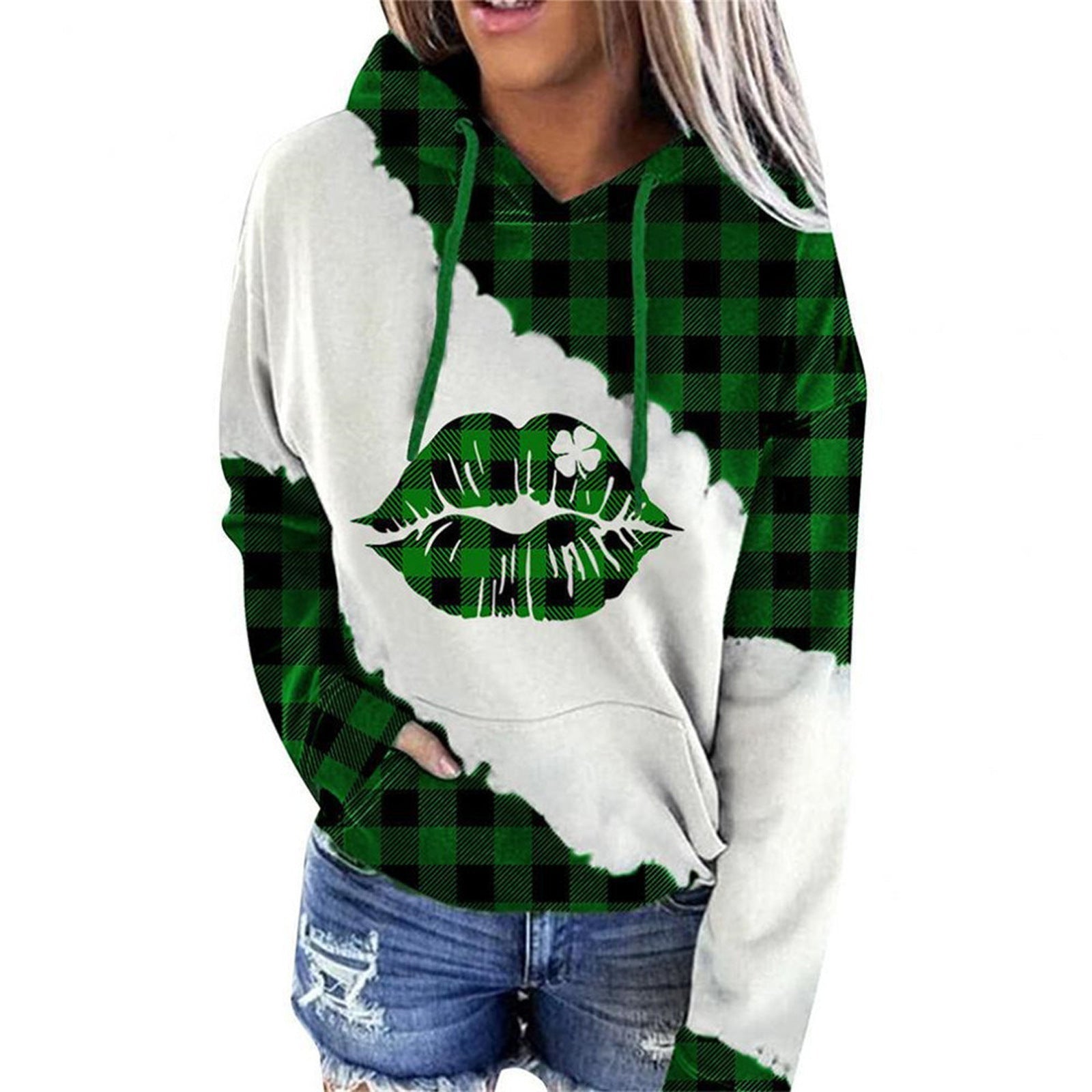 Women Sweatshirts Lucky Grass Print Streetwear Sweatshirts Hoodie Pullover Loose Casual Hooded Tops Clothes Pi-Mart