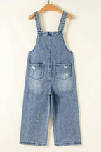 Stone Blue Distressed Bib Pocket Wide Leg Denim Overall