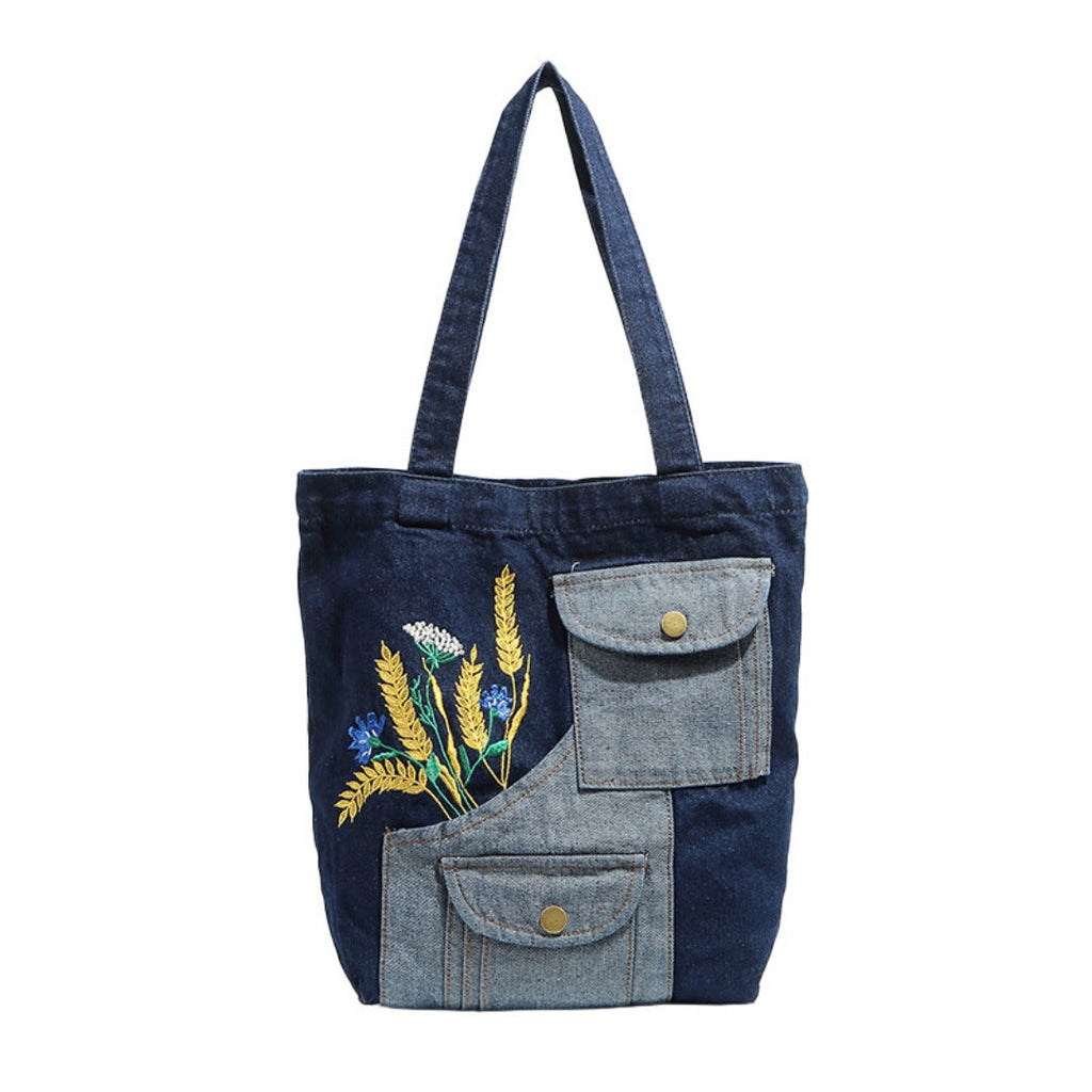 Shoulder denim bag, wheat ear embroidery splicing shoulder bag, vintage tote bag, fashion shopping bag - SJB-DIAMOND ELITES
