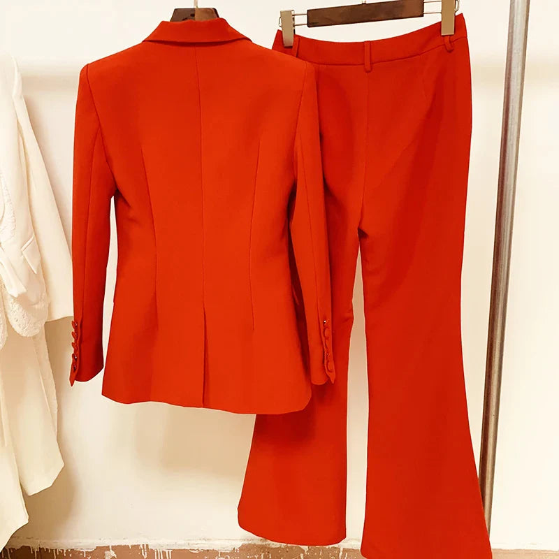 HIGH QUALITY New Fashion 2024 Designer Blazer Suit Set Women's Single Button Red Blazer Flare Pants Suit Purplish Diva