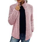 Fall Winter Warm Sweatshirt Stand Collar Solid Color Top Sweater Women's Casual Fashion Long Sleeve Zipper Bubble Velvet Coat Tops Pi-Mart