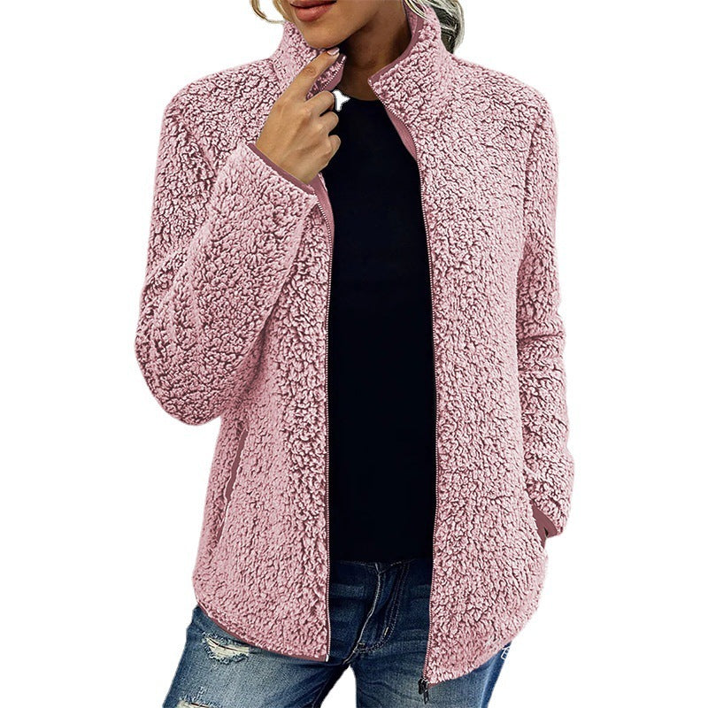 Fall Winter Warm Sweatshirt Stand Collar Solid Color Top Sweater Women's Casual Fashion Long Sleeve Zipper Bubble Velvet Coat Tops Pi-Mart