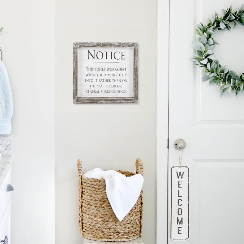 Aim It Framed Wood Bathroom Sign 8x7 Rustic White Black Toilet Reminder Hanging Decor BandsCo Straps