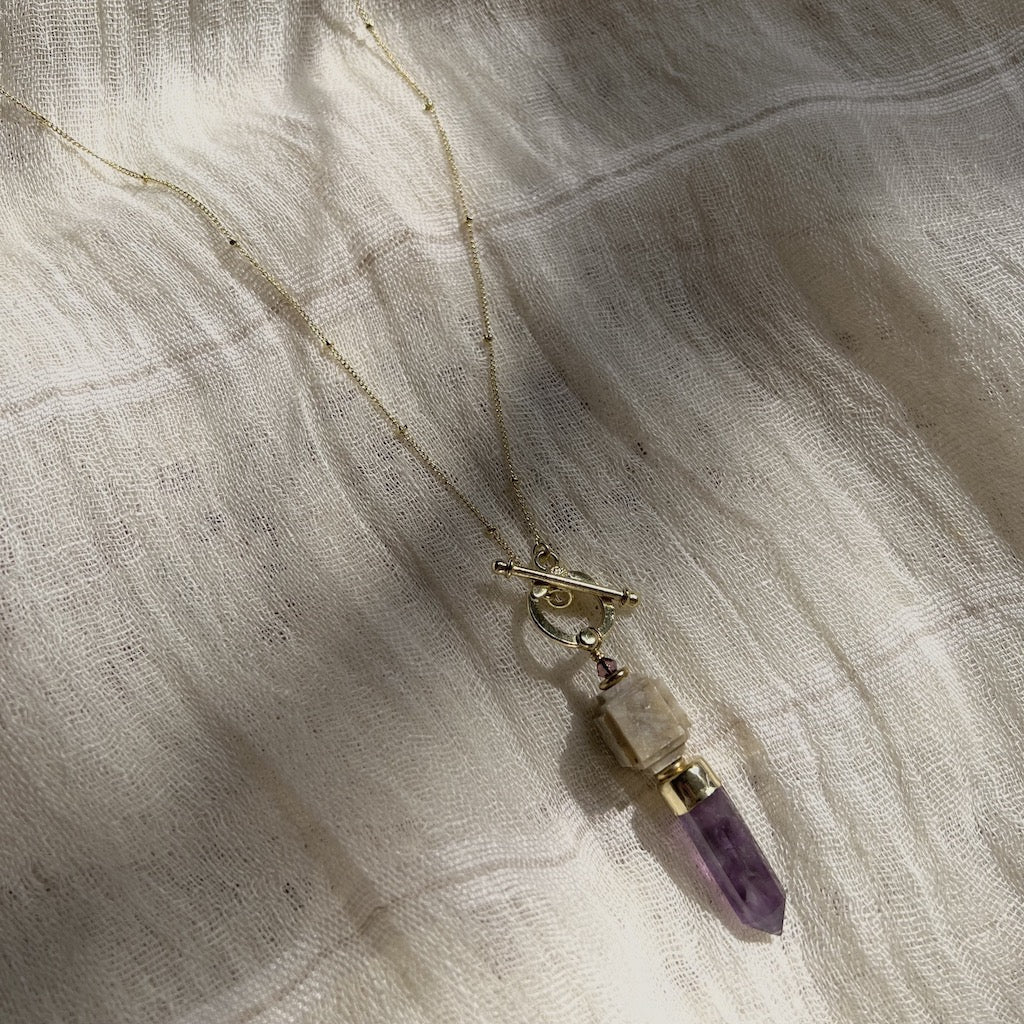 Amethyst Lariat Necklace Satellite Chain Bar Circle Closure Polished Pendant BandsCo Straps