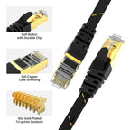 CAT7 Ethernet Cable 10G 600MHz Shielded Flat RJ45 Internet Network Patch Cord Fast LAN Wire Network Gold Plated Lead Polyester Braided For Gaming Stevvex
