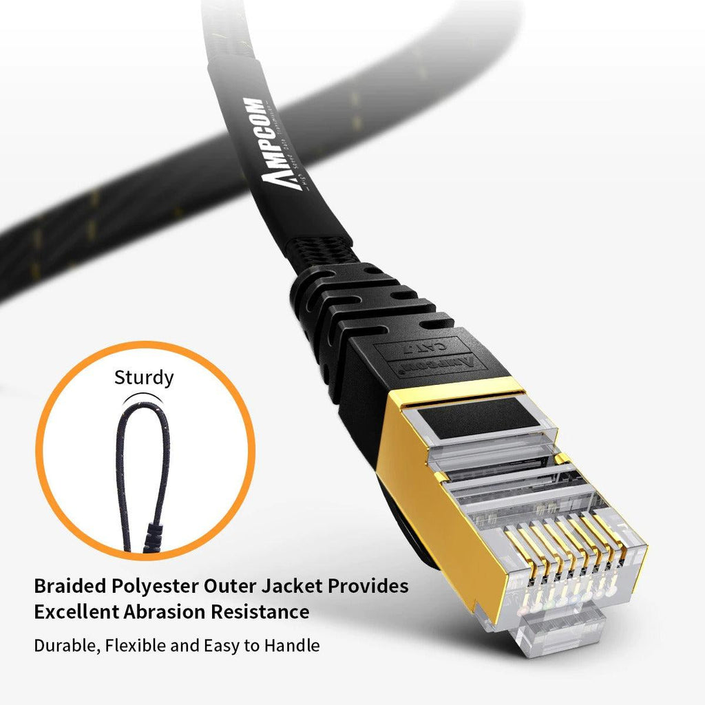 CAT7 Ethernet Cable 10G 600MHz Shielded Flat RJ45 Internet Network Patch Cord Fast LAN Wire Network Gold Plated Lead Polyester Braided For Gaming Stevvex