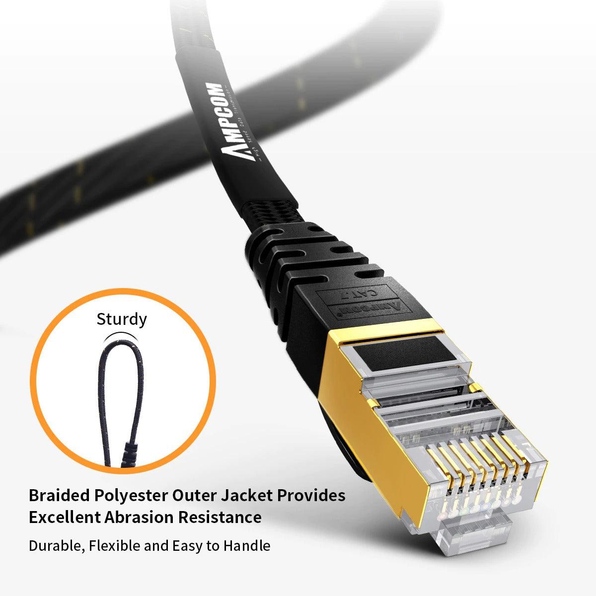CAT7 Ethernet Cable 10G 600MHz Shielded Flat RJ45 Internet Network Patch Cord Fast LAN Wire Network Gold Plated Lead Polyester Braided For Gaming Stevvex