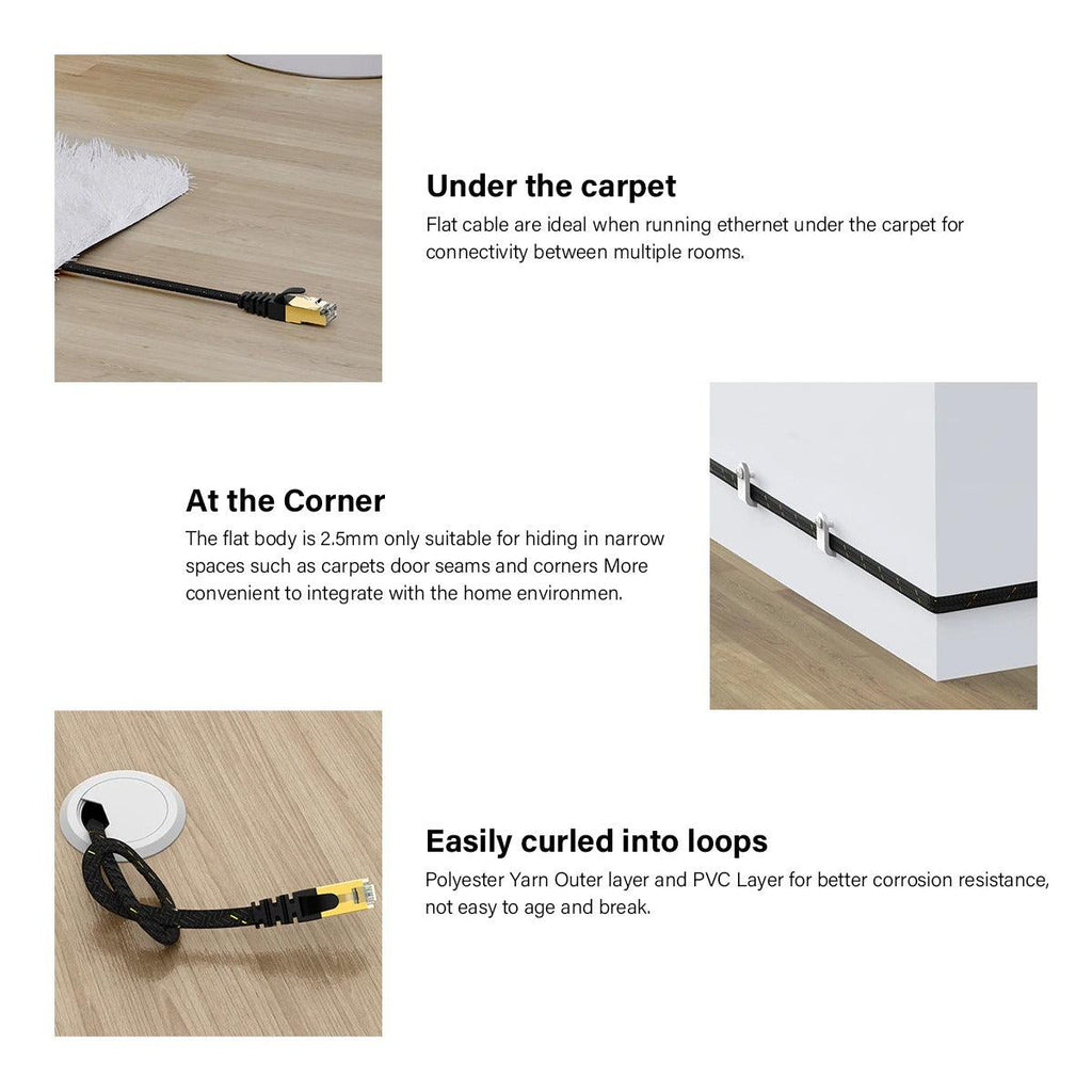 CAT7 Ethernet Cable 10G 600MHz Shielded Flat RJ45 Internet Network Patch Cord Fast LAN Wire Network Gold Plated Lead Polyester Braided For Gaming Stevvex