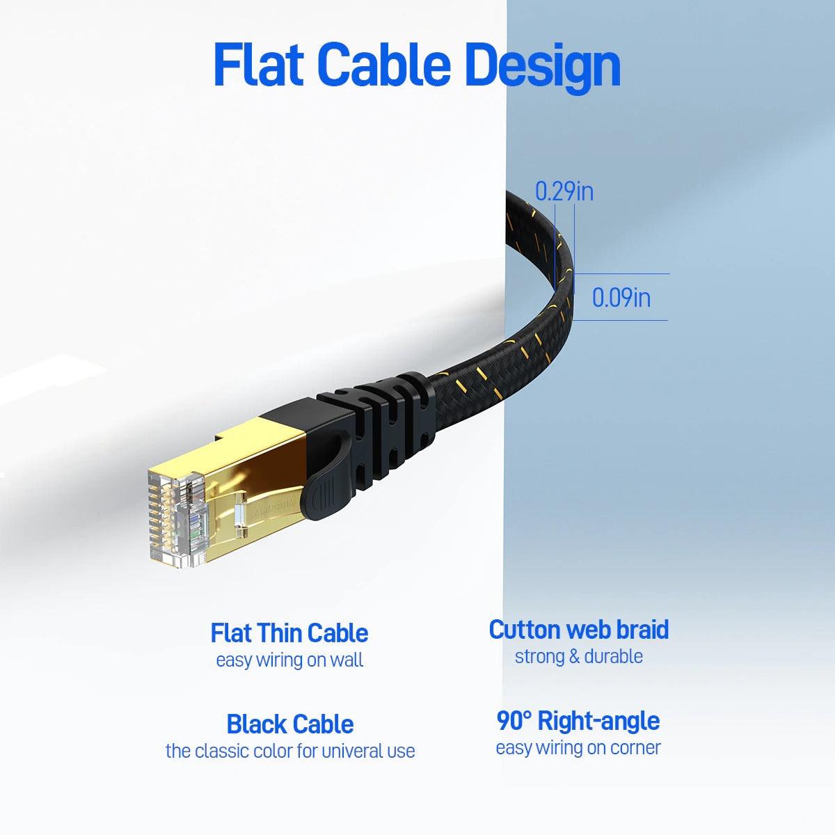 CAT7 Ethernet Cable 10G 600MHz Shielded Flat RJ45 Internet Network Patch Cord Fast LAN Wire Network Gold Plated Lead Polyester Braided For Gaming Stevvex