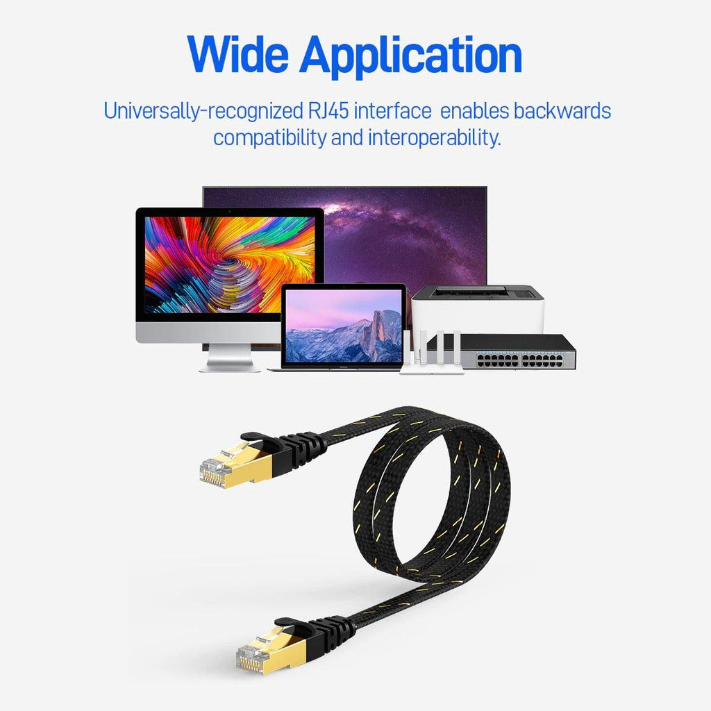 CAT7 Ethernet Cable 10G 600MHz Shielded Flat RJ45 Internet Network Patch Cord Fast LAN Wire Network Gold Plated Lead Polyester Braided For Gaming Stevvex