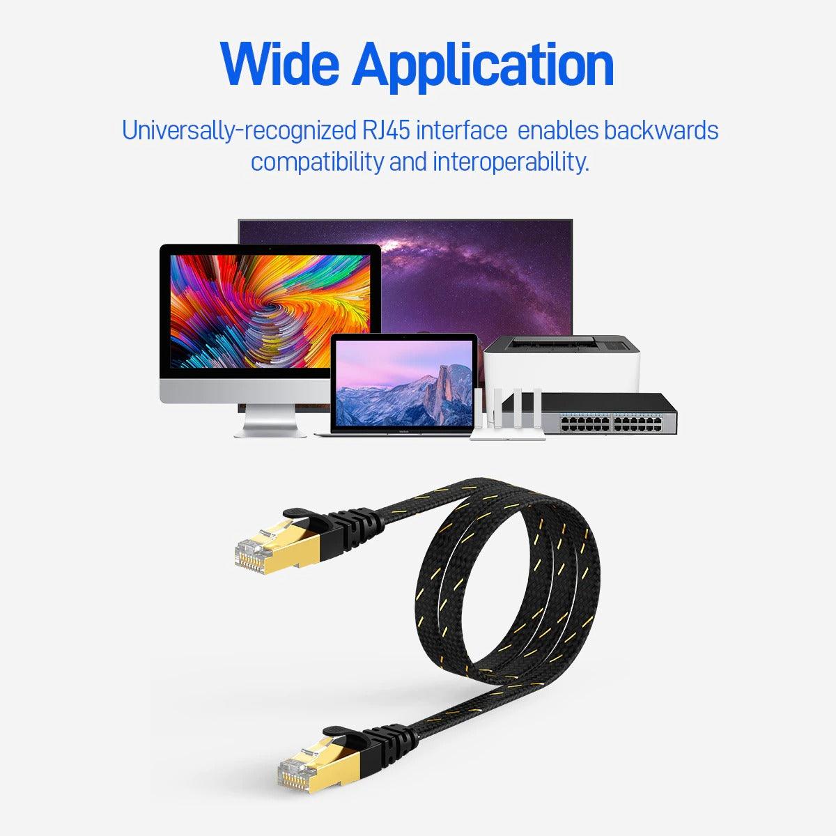CAT7 Ethernet Cable 10G 600MHz Shielded Flat RJ45 Internet Network Patch Cord Fast LAN Wire Network Gold Plated Lead Polyester Braided For Gaming Stevvex