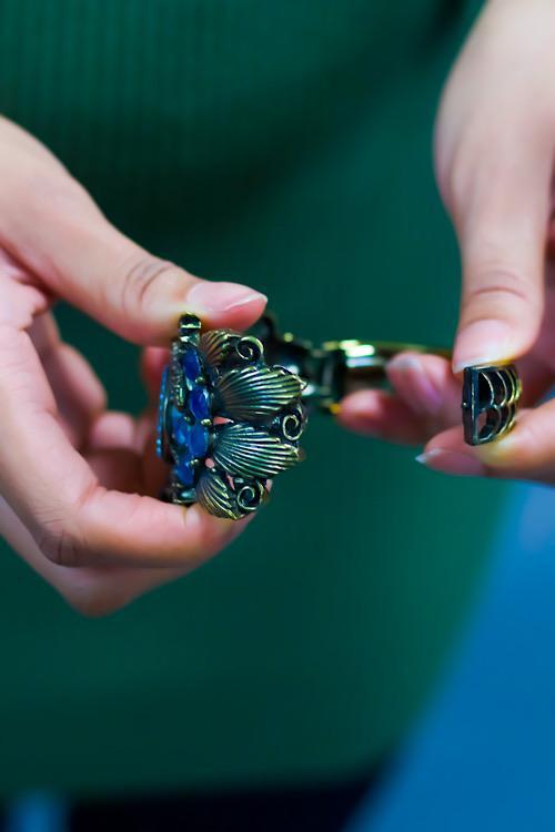 Antique Indigo Brass Watch Bracelet With Blue Beads