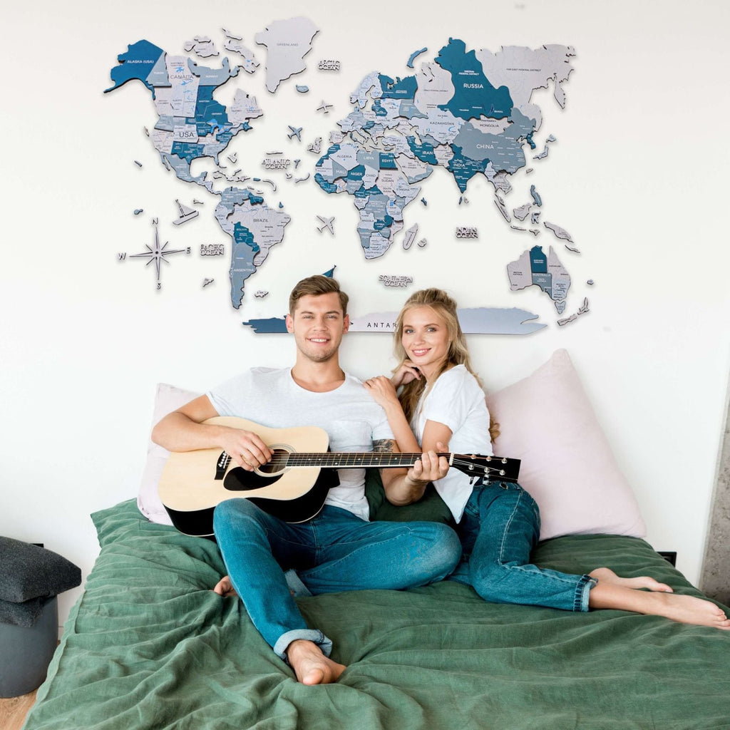 3D Wooden World Map Aqua Enjoy The Wood