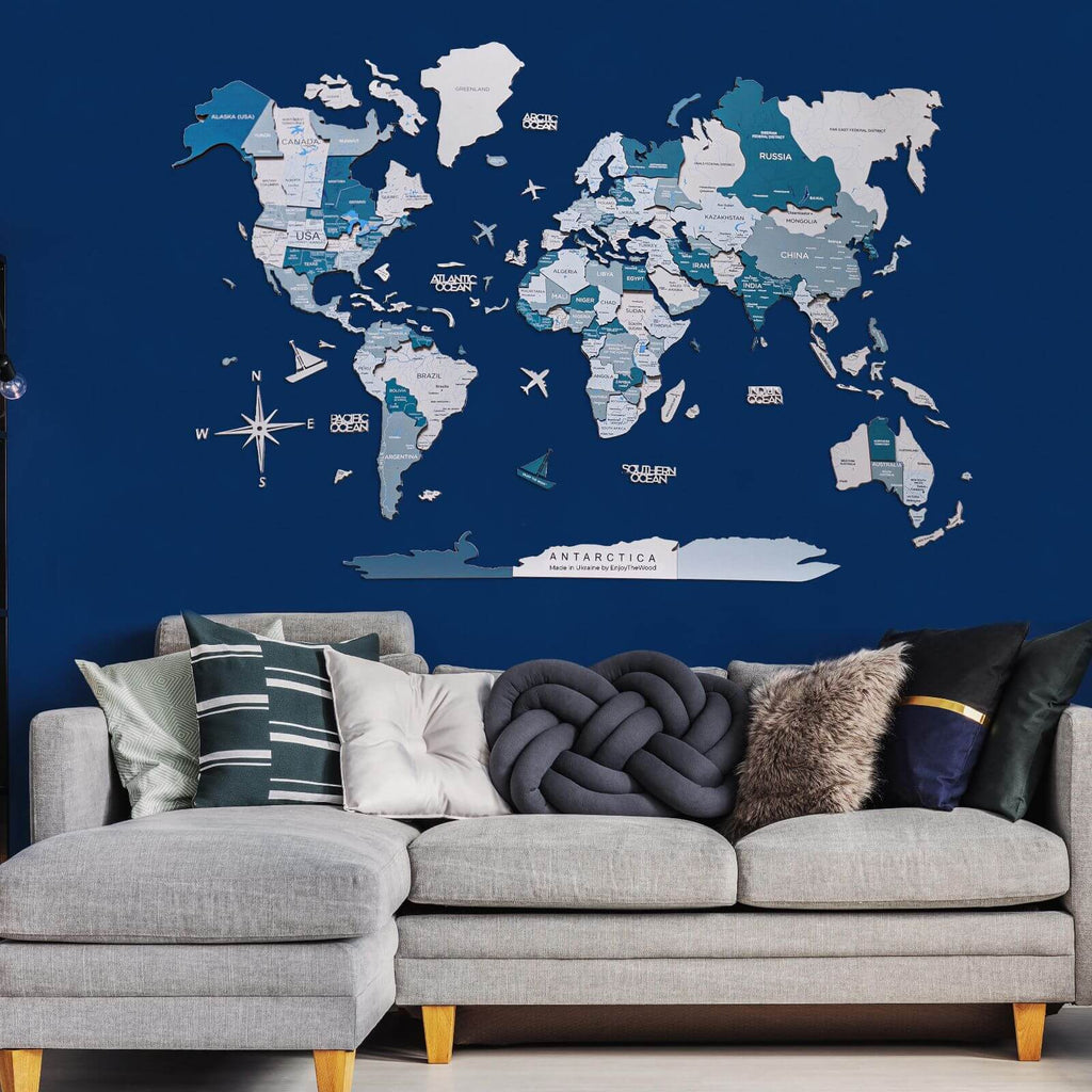 3D Wooden World Map Aqua Enjoy The Wood