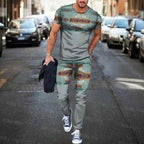 Men's Summer Tracksuit Stripe Print T-shirt Trousers Set Pi-Mart