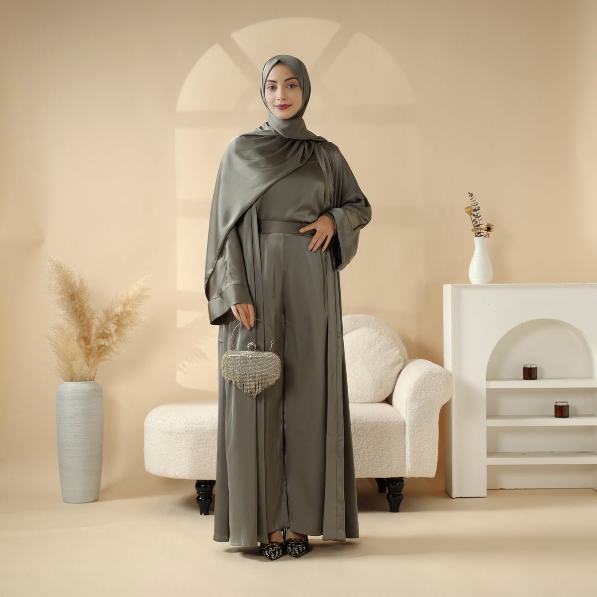 Luxury Satin Modest Abaya Set 4-Piece – Elegant Open Abaya, Top, Pants & Matching Hijab(MOA034) - SJB-DIAMOND ELITES