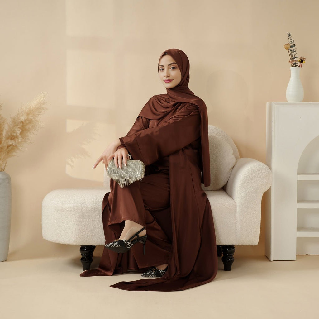 Luxury Satin Modest Abaya Set 4-Piece – Elegant Open Abaya, Top, Pants & Matching Hijab(MOA034) - SJB-DIAMOND ELITES