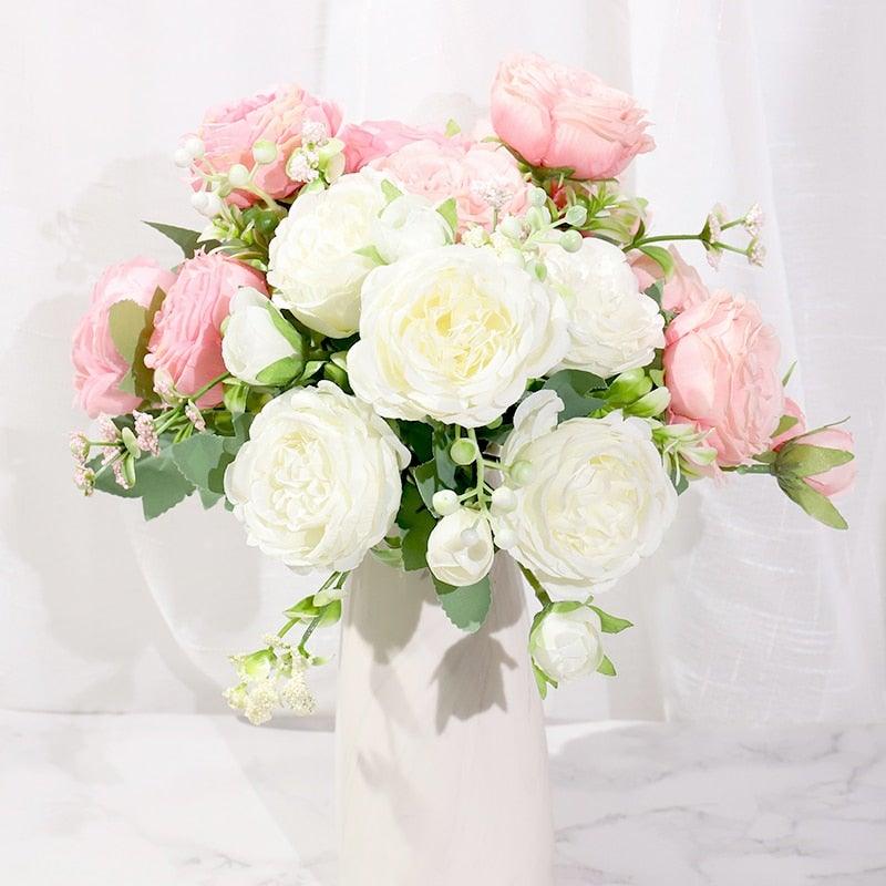 Artificial Rose Flowers Bouquet Pink And White Silk Peony Rose For Home Bridal Wedding Party Festival Decor Stevvex