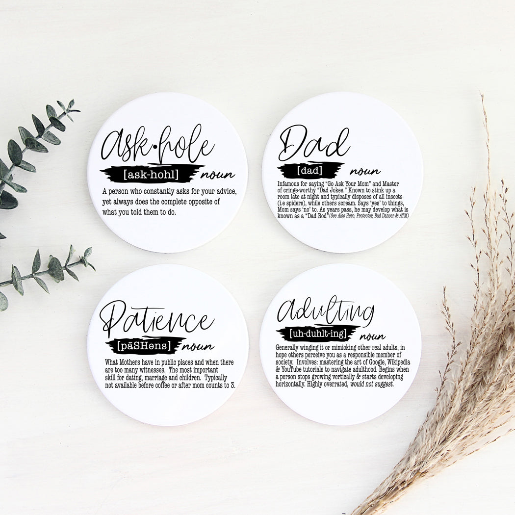 Adulting Funny Coaster Gift Set 6 Pack Humorous Quote Drink Coasters Home Bar Decor BandsCo Straps