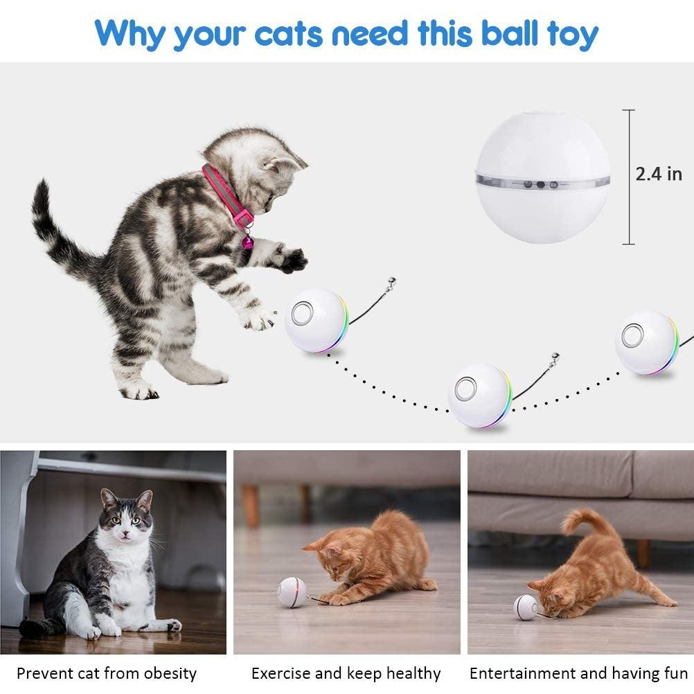Automatic Smart Cat Toys Ball Interactive Catnip USB Rechargeable Self Rotating Colorful Led Feather Bells Toys for Cats Kitten Build-in Spinning Led Light Stimulate Hunting Instinct Stevvex