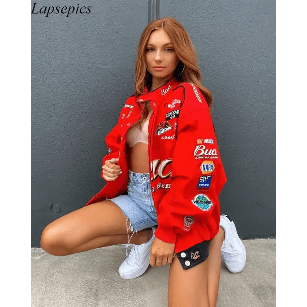 Autumn and Winter Sports Style Red Printed Casual Loose Long Sleeve Coat Jacket For Women Oversized Jackets for Women Stevvex