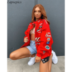 Autumn and Winter Sports Style Red Printed Casual Loose Long Sleeve Coat Jacket For Women Oversized Jackets for Women Stevvex