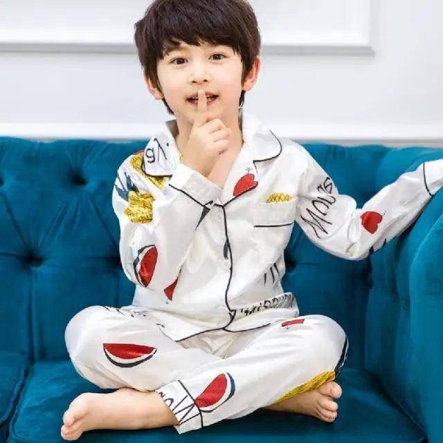 Autumn Winter Long Sleeve Kid Sleepwear Set Silk Pajamas Set Boys Pajamas Sets For Kids Home Cloth Girls Pajamas Set Kids Pajamas Sets Girls Cartoon Pattern Night Suit Children Sleepwear Pajamas Kids Silk Nightwear Stevvex