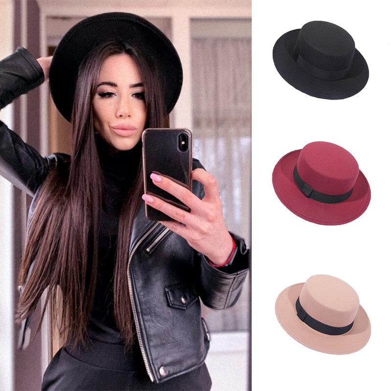 Autumn Winter Polyester Flat Top Hat For Women's Luxury Wide Fedora Hat Jazz Cap Classic Wide Hat Women Comfortable Elegant Hat For Summer Classic Design Stevvex