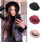 Autumn Winter Polyester Flat Top Hat For Women's Luxury Wide Fedora Hat Jazz Cap Classic Wide Hat Women Comfortable Elegant Hat For Summer Classic Design Stevvex