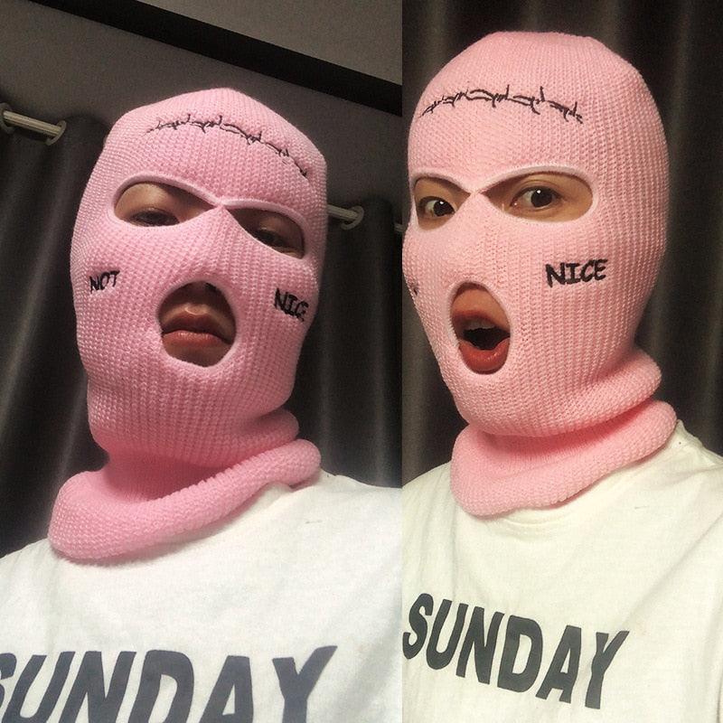 Autumn Winter Ski Mask 3-Hole Knit Hat Full Face Cover Balaclava Hats Funny Party Embroidery Beanies Caps Hole Knitted Full Face Cover Ski Neck Gaiter, Winter Balaclava Warm Knit Beanie for Outdoor Sports Outdoor Full Face Cover Thermal Ski Mask One Size Stevvex