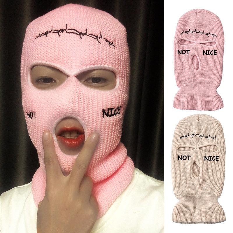 Autumn Winter Ski Mask 3-Hole Knit Hat Full Face Cover Balaclava Hats Funny Party Embroidery Beanies Caps Hole Knitted Full Face Cover Ski Neck Gaiter, Winter Balaclava Warm Knit Beanie for Outdoor Sports Outdoor Full Face Cover Thermal Ski Mask One Size Stevvex