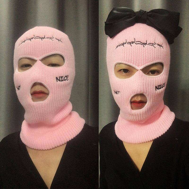 Autumn Winter Ski Mask 3-Hole Knit Hat Full Face Cover Balaclava Hats Funny Party Embroidery Beanies Caps Hole Knitted Full Face Cover Ski Neck Gaiter, Winter Balaclava Warm Knit Beanie for Outdoor Sports Outdoor Full Face Cover Thermal Ski Mask One Size Stevvex