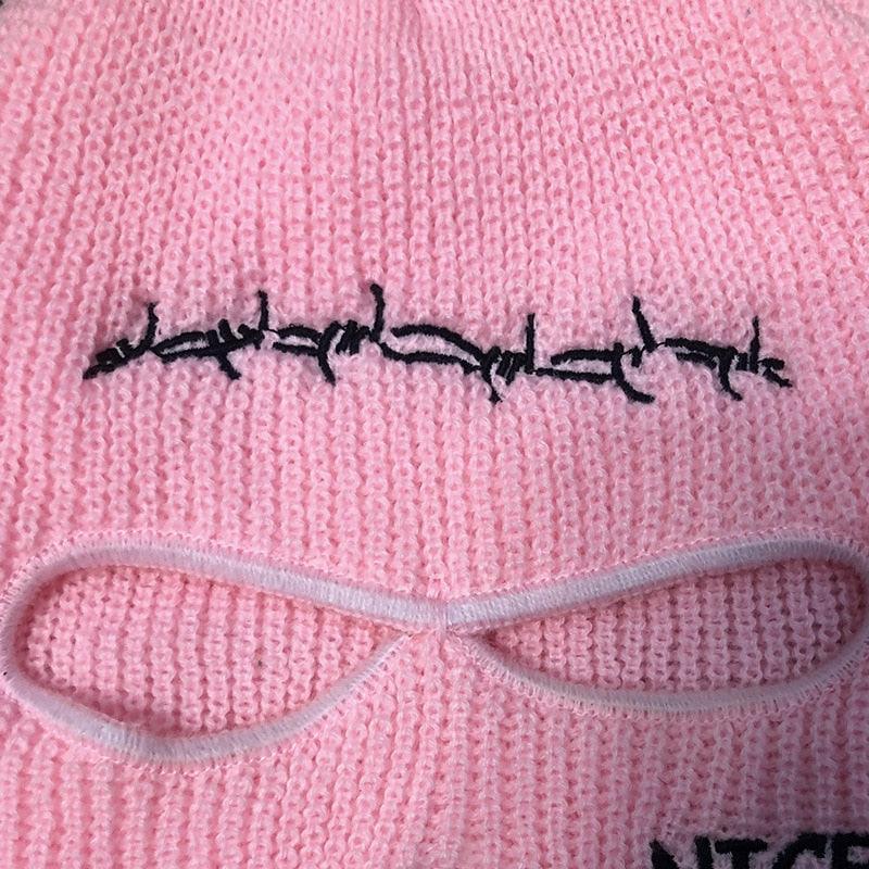 Autumn Winter Ski Mask 3-Hole Knit Hat Full Face Cover Balaclava Hats Funny Party Embroidery Beanies Caps Hole Knitted Full Face Cover Ski Neck Gaiter, Winter Balaclava Warm Knit Beanie for Outdoor Sports Outdoor Full Face Cover Thermal Ski Mask One Size Stevvex