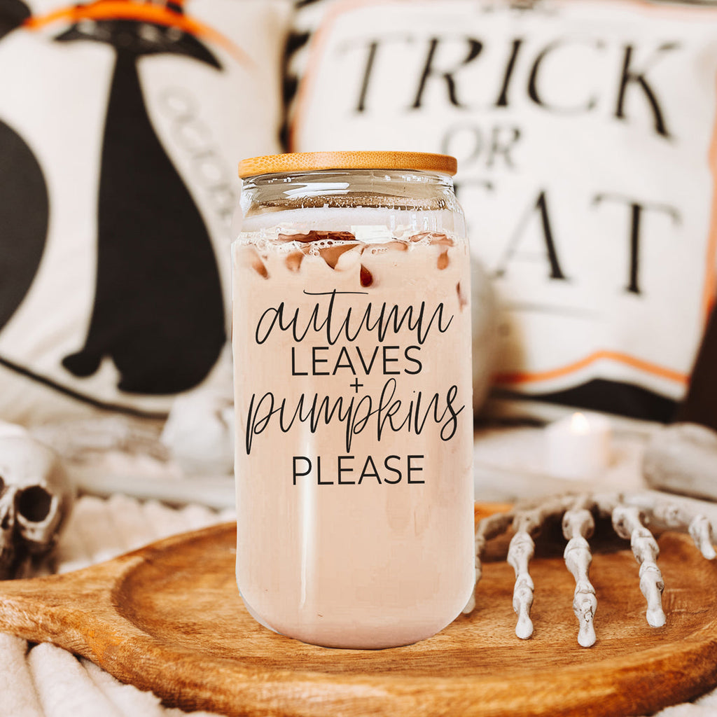 Autumn Leaves 20oz Glass Tumbler With Bamboo Lid, 2 Stainless Straws & Cleaner BandsCo Straps