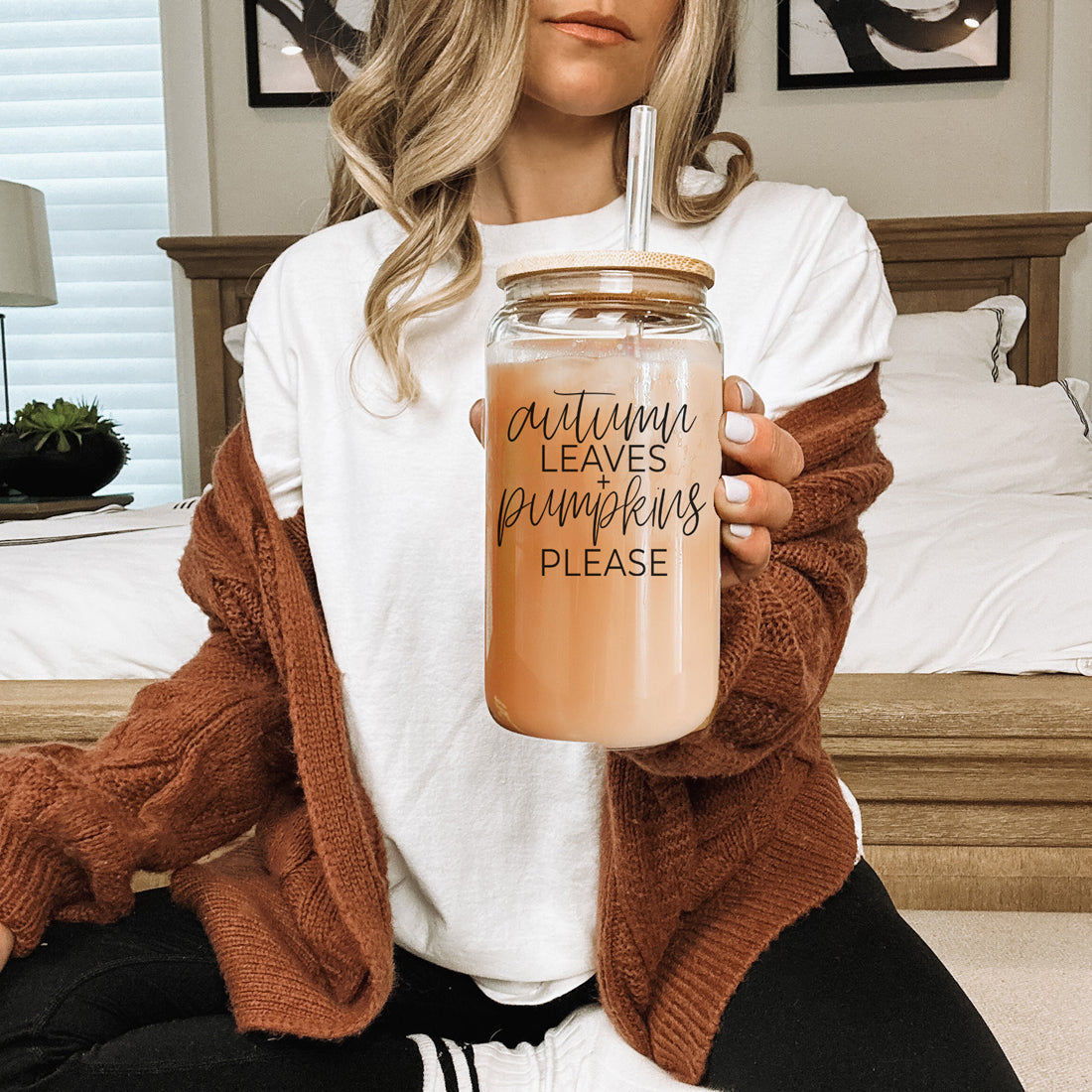 Autumn Leaves 20oz Glass Tumbler With Bamboo Lid, 2 Stainless Straws & Cleaner BandsCo Straps