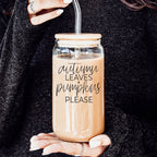 Autumn Leaves 20oz Glass Tumbler With Bamboo Lid, 2 Stainless Straws & Cleaner BandsCo Straps