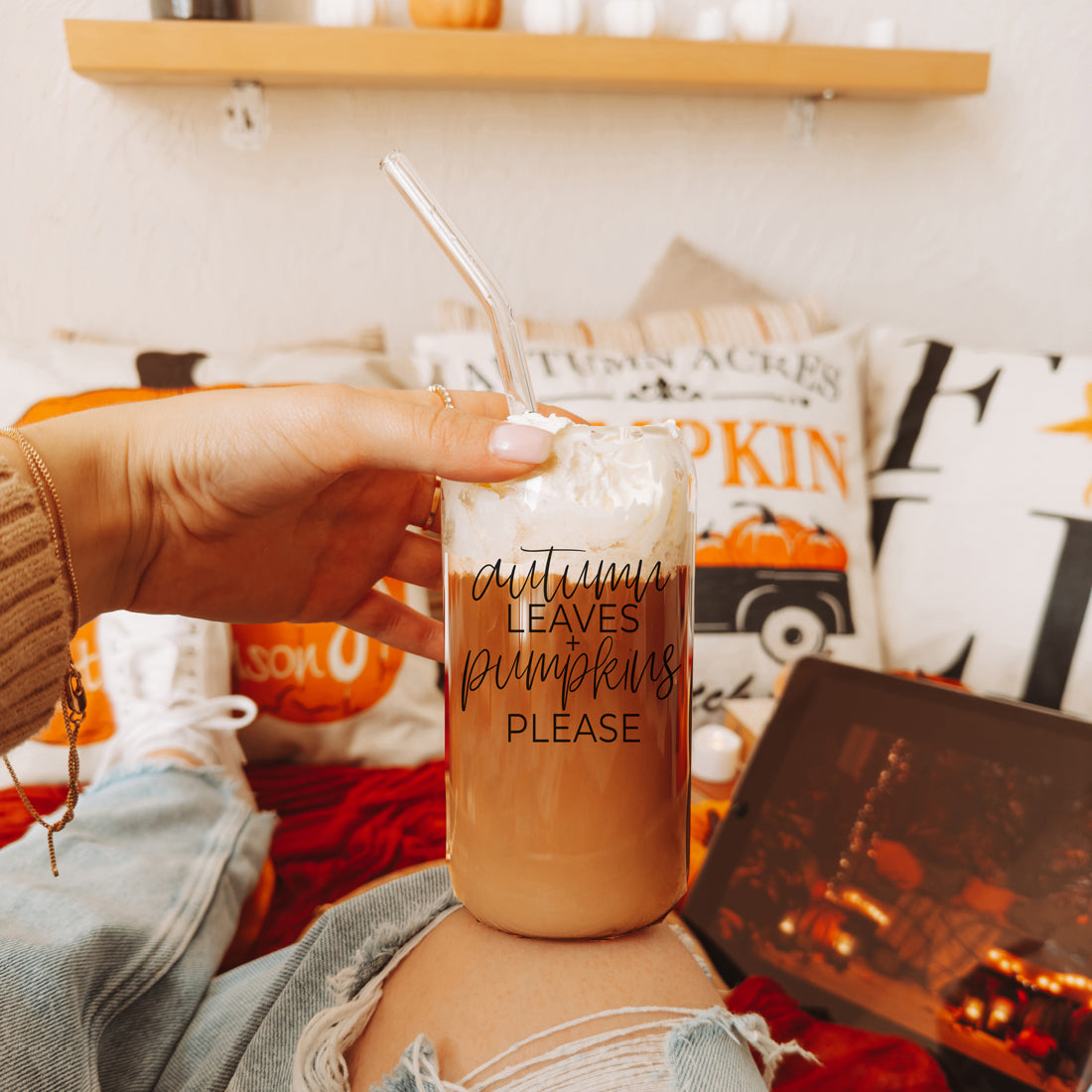 Autumn Leaves 20oz Glass Tumbler With Bamboo Lid, 2 Stainless Straws & Cleaner BandsCo Straps