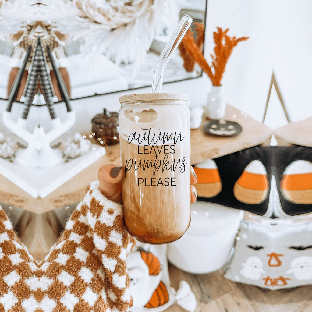 Autumn Leaves 20oz Glass Tumbler With Bamboo Lid, 2 Stainless Straws & Cleaner BandsCo Straps