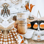 Autumn Leaves 20oz Glass Tumbler With Bamboo Lid, 2 Stainless Straws & Cleaner BandsCo Straps