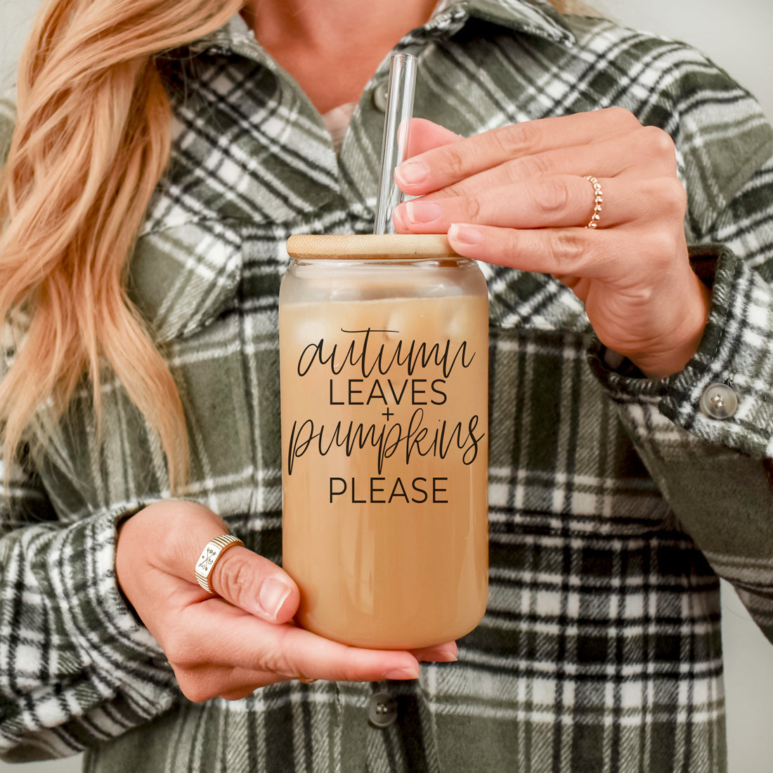 Autumn Leaves 20oz Glass Tumbler With Bamboo Lid, 2 Stainless Straws & Cleaner BandsCo Straps