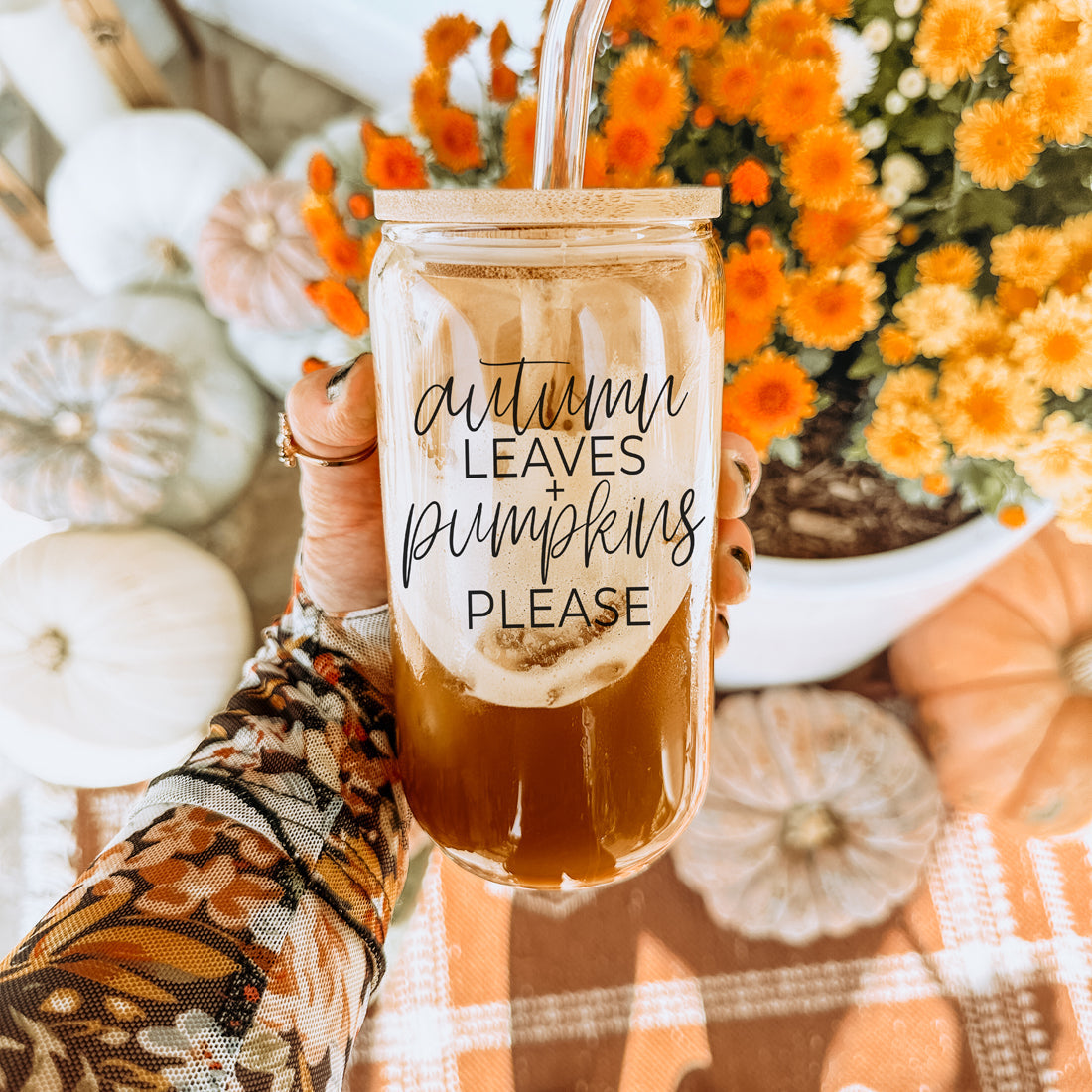 Autumn Leaves 20oz Glass Tumbler With Bamboo Lid, 2 Stainless Straws & Cleaner BandsCo Straps